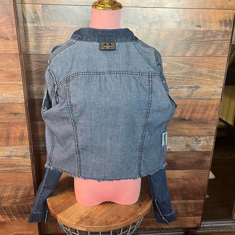FENDI Vintage Crystal Embellished Cotton Denim Cropped Blue Jean Jacket, Size 28 - Picture 11 of 16